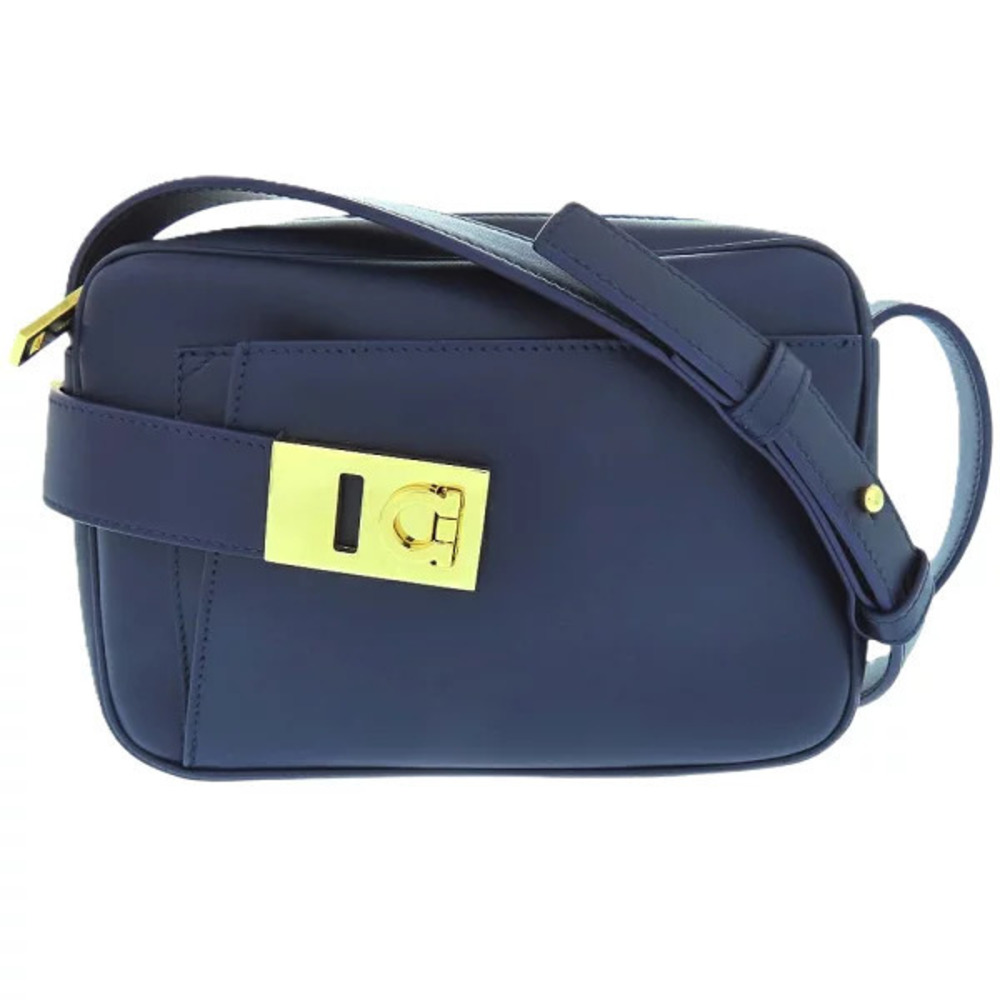 Salvatore Ferragamo Gancini Shoulder Bag Calfskin Metal Midnight Blue Navy Blue